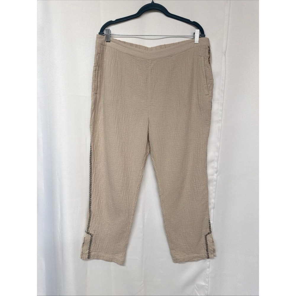Soft Surroundings Double Gauze Pull On Embroidery Side Pants Womens Sz XL Beige